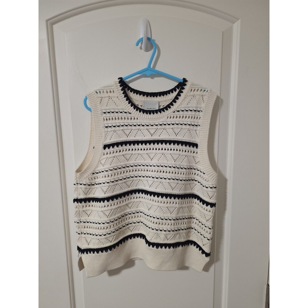 Varley S Cream Black Geometric Pointelle Knit Sweater Vest Scalloped Athena